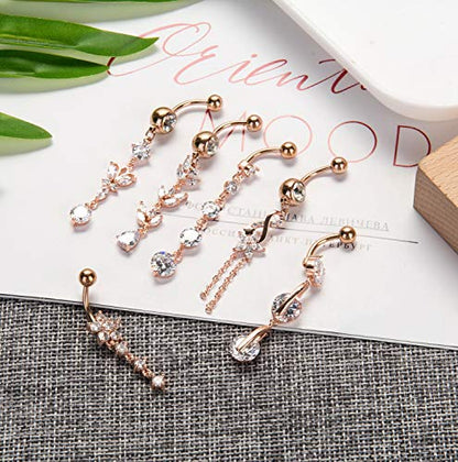 3-6PCS 14G 316L Stainless Steel Belly Button Rings for Women Navel Rings Barbell Dangle Flower CZ Body Piercing - color: E: 6 Pcs Rose-tone