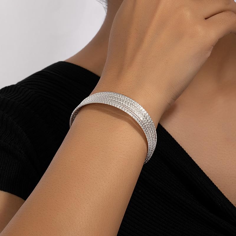 925 Sterling Silver Bracelet Plated Cuff Bangle Bracelet Fashionable Multi-layer Cross Wire Bangle Bracelet Open Adjustable Wide Cuff Bracelet for Teen Girls Fashion Jewelry - color: silver C