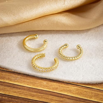 Freekiss 3-Piece Gold Ear Cuff Set for Women, Non-Piercing Clips | 14K gold-plated ear cuffs with smooth, twisted, and CZ styles for comfortable stacking without piercings