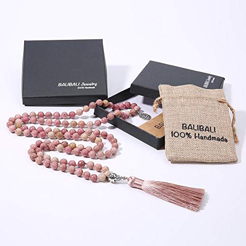 108 Mala Beads Necklace Semi-Precious Gem Stones Meditation Necklace 108 Hand Knotted Japa Mala Beaded Tassel Necklace with Tree of Life Pendant - color: Natural Rhodonite