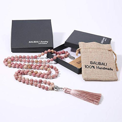 108 Mala Beads Necklace Semi-Precious Gem Stones Meditation Necklace 108 Hand Knotted Japa Mala Beaded Tassel Necklace with Tree of Life Pendant - color: Natural Rhodonite