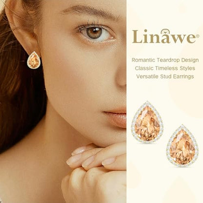 Linawe Women Stud Earrings, Teardrop Diamond Moissanite Cubic Zirconia Earrings Studs Rhinestone Jewelry Gold/Silver/Rose Gold - color: Gold,Champagne