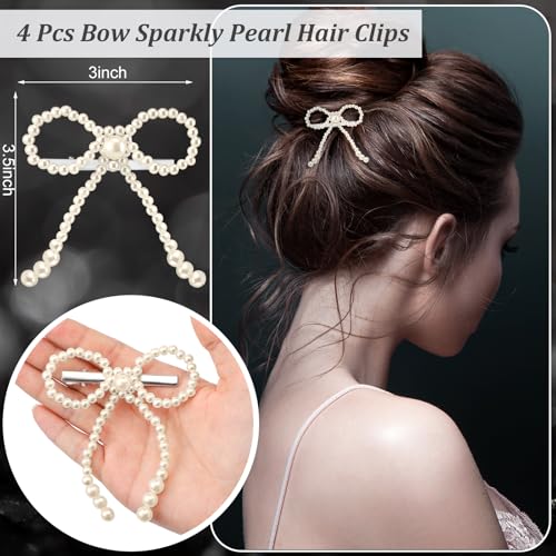 Daifunli 4 Pcs Elegant Pearl Bow Hair Clip Sparkly Bowknot Clips Vintage White Pearl Barrette Hairpin Headwear Gifts Weddings Brides Birthdays for Women Girls - style: Pearl