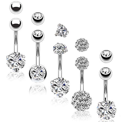 BodyJ4You 5PC Belly Button Rings Set - 14G - Multicolor Surgical Stainless Steel - Shiny CZ Crystals - Clear Pink Aqua Black - Replacement Extra Pack - Women Body Piercing Jewelry - color: Silvertone - Clear
