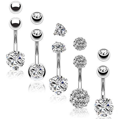 BodyJ4You 5PC Belly Button Rings Set - 14G - Multicolor Surgical Stainless Steel - Shiny CZ Crystals - Clear Pink Aqua Black - Replacement Extra Pack - Women Body Piercing Jewelry - color: Silvertone - Clear