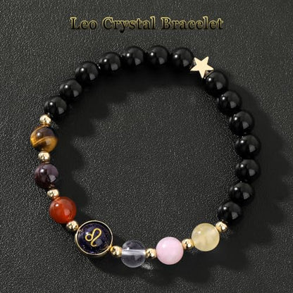 Zodiac Bracelets for Women 12 Constellations Healing Crystal Stone Beads Bracelet Birthday Zodiac Gifts Horoscope Spiritual Bracelet - color: Leo