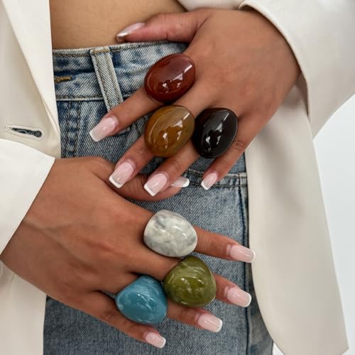 Women's Chunky Statement Resin Ring - Big Acrylic Fashion Jewelry with Marble/Amber Pattern, Lightweight Retro Ring for Daily/Party Wear - color: Green