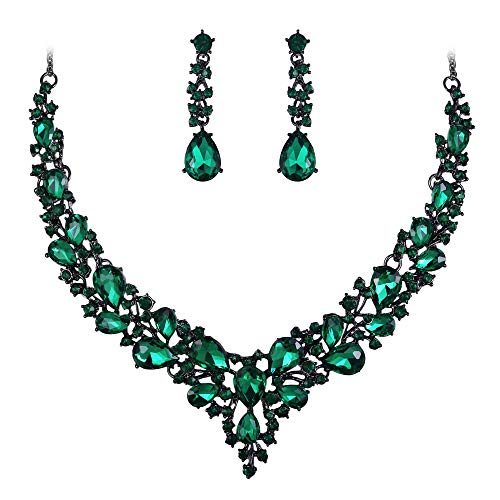 Women's Wedding Statement Necklace Dangle Earring Jewelry | Austrian Crystal Teardrop Cluster,Necklaces Earrings Set for Bride Bridesmaid,Prom Accessories - color: 18-Emerald Color Black-Tone