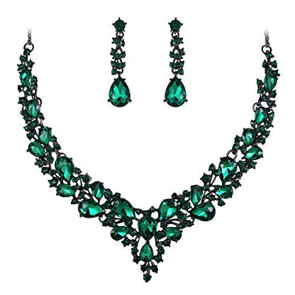 Women's Wedding Statement Necklace Dangle Earring Jewelry | Austrian Crystal Teardrop Cluster,Necklaces Earrings Set for Bride Bridesmaid,Prom Accessories - color: 18-Emerald Color Black-Tone