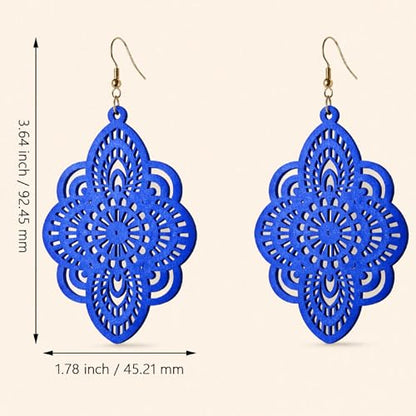 Boho Black Filigree Dangle Earrings for Women, Lightweight Hollow Lace Drop, Wood, 3.34" x 1.69", Bohemian Jewelry - color: Blue