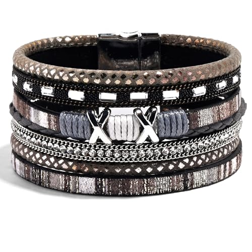 VIBILIA Boho Leather Wrap Bracelets for Women Multi-Layer Bracelets | With Strong Clasp Jewelry for Women - color: 02-XxMilletBead-Black