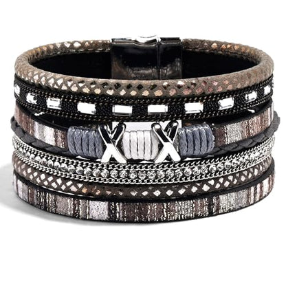 VIBILIA Boho Leather Wrap Bracelets for Women Multi-Layer Bracelets | With Strong Clasp Jewelry for Women - color: 02-XxMilletBead-Black