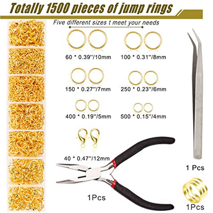 Jump Rings for Jewelry Making Kit, 1500 pcs Jewelry Repair Kit for Necklace Bracelet, Lobster Clasps and Closures Repair Supplies Kit with Pliers Tweezers-Gold - color: Gold
