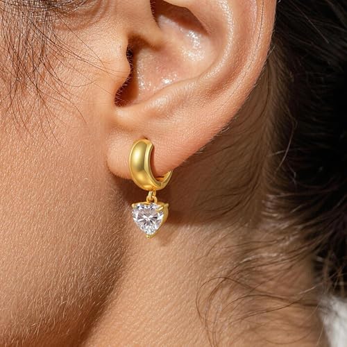 Gold Huggie Dangle Earrings for Women Chunky Hoop Huggies Cubic Zirconia Drop Earring Diamond Crystal Charm Statement Teardrop Earrings Jewelry Gifts - color: Gold-Heart