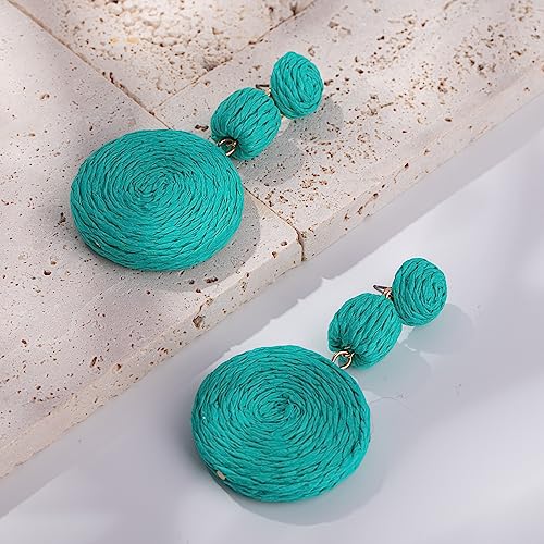 Statement Raffia Boho Round Dangle Ball Earrings - Cute Handmade Summer Bohemian Dangling Jewelry for Women - color: Teal