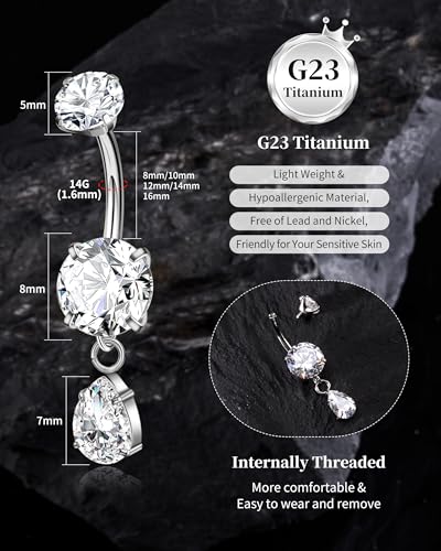 G23 Titanium Dangle 14G Belly Button Rings Sparkling CZ Navel Rings Belly Piercing Jewelry Teardrop Dangling Belly Rings Gold/Silver - color: Silver, size: 8MM