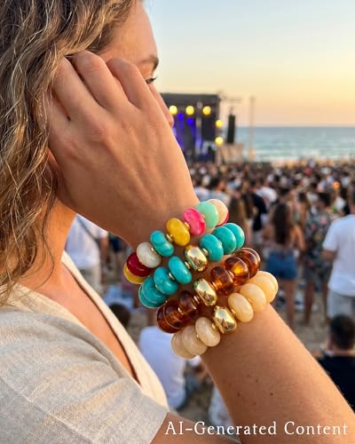 4 Pcs Chunky Beaded Bracelets for Women | Adjustable Colorful Resin Beads Bracelets Stretch Beaded Bracelet Boho Summer Beach Vacation Jewelry Gift - color: Color 3