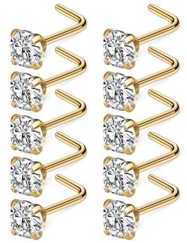 Cisyozi 18G Nose Rings Studs Hypoallergenic Nose Piercings 316L Surgical Steel Silver Nose Rings Set L Shaped Nose Nostril Piercing Jewelry for Women Men Diamond CZ 1.5mm 2mm 2.5mm 3mm 3.5mm 4mm - color: 18G - Gold- CZ 4mm