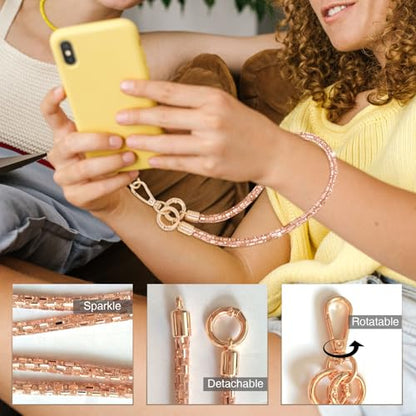 Crystal Phone Strap Crossbody Rhinestone Anti Theft Layered Strap Crossbody Gold Metal Buckles Cell Phone Neck for Women (Peach) - color: Peach