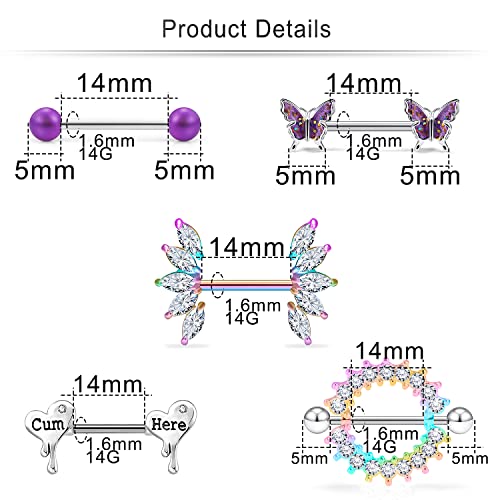 Cisyozi Butterfly Nipple Rings 14G Nipple Piercing Jewelry Stainless Steel Nipple Tongue Ring Barbell Piercing Jewelry for Women 14mm Silver Black Purple Rose Gold 7Pairs - color: 14G(1.6mm) Purple Set