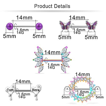 Cisyozi Butterfly Nipple Rings 14G Nipple Piercing Jewelry Stainless Steel Nipple Tongue Ring Barbell Piercing Jewelry for Women 14mm Silver Black Purple Rose Gold 7Pairs - color: 14G(1.6mm) Mix Color Set