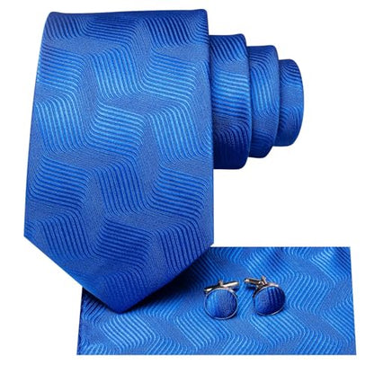 Dubulle Mens Paisley Striped Tie Woven Necktie for Men and Handkerchief Cufflinks Set Wedding Formal Business - color: Blue Royal Blue
