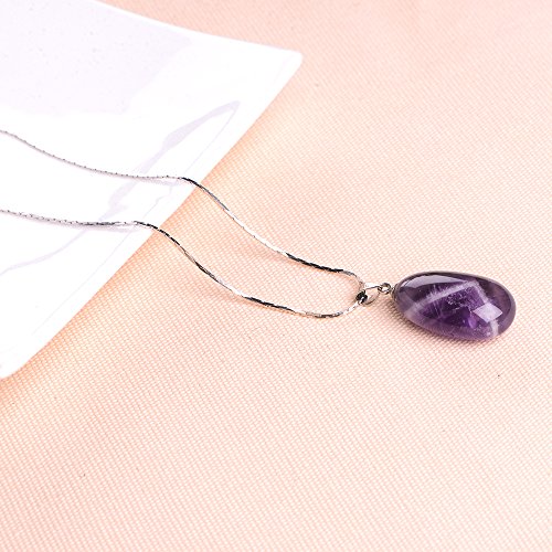iSTONE 925 Sterling Silver Natural Crytral for Womens Pendant Necklace, Gemstone Birthstone with 17.8" Silver Chain Ladies - color: Amethyst Water Drop