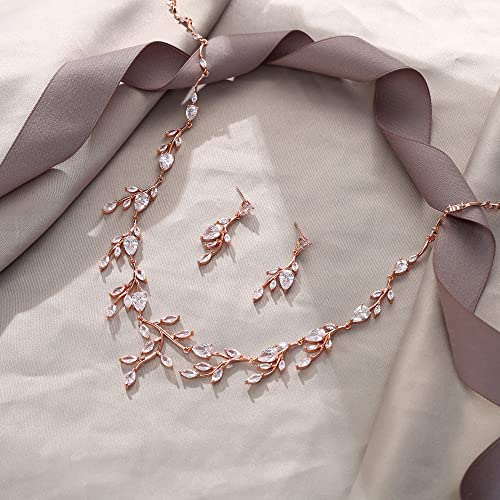 Cubic Zirconia Leaf Vine Wedding Jewelry Set for Bride Women Bridesmaid | Pear-Shaped Birthstone, Necklace Dangle Earrings for Bridesmaid, Silver-Plated-Brass - color: 2pcs_Clear Rose Gold-Plated-Brass