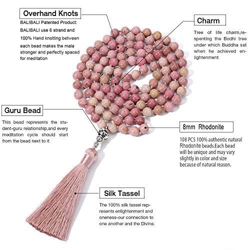 108 Mala Beads Necklace Semi-Precious Gem Stones Meditation Necklace 108 Hand Knotted Japa Mala Beaded Tassel Necklace with Tree of Life Pendant - color: Natural Rhodonite