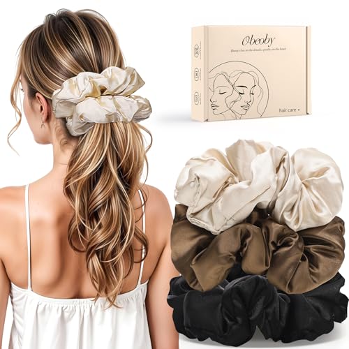 3 Pcs Large Satin Scrunchies, 6 Inch Hair Ties For Thick Curly Hair | Sleepy Hair Tie, Self-Care Gifts, Soft Padded Satin, Hair Scrunchies, Reduces Frizz and Pulling, for Thick or Fine Hair - color: Brown Series