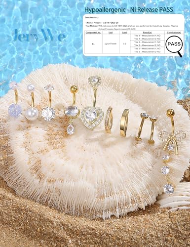 JeryWe Hypoallergenic Belly Button Ring Surgical Stainless Steel - Dainty Dangle Navel Piercing Jewelry CZ Bow Heart Ball Pearl Clicker Piercings for Women - color: 14K Gold Plated