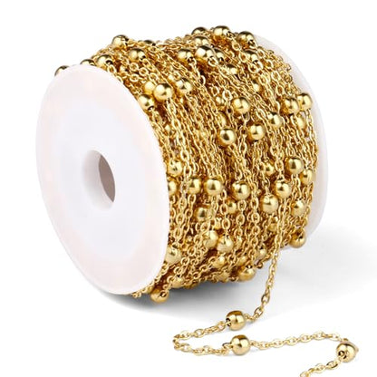 33FT 2mm Gold Satellite Bead Chains Roll Bulk for Jewelry Making Necklace | 18K Gold PVD Plated 304 Stainless Steel Ball Beaded Link Chains Spool for DIY Craft - color: Gold Big Beads Satellite Cable Chain