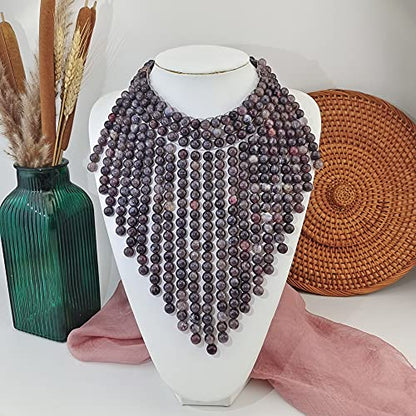 Coiris Boho African Wooden or Acrylic Beaded Bib Statement Necklace Strands Layered Cluster Chunky Collar Choker Wood Necklace for Women Fashion Costume Jewelry - color: Dark Purple Grey