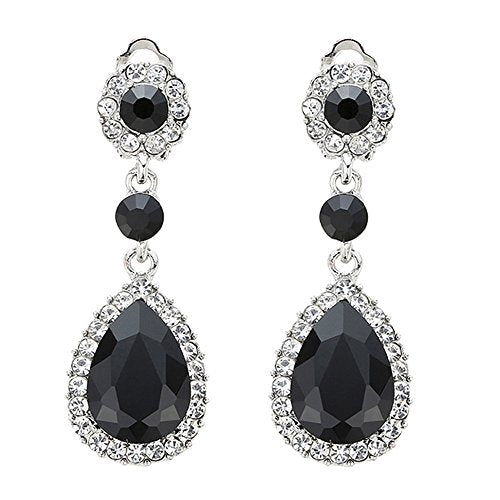 Gorgeous Austrian Crystal Rhinestone Wedding Bridal Teardrop Drop Dangle Earrings - color: Black-Clip on