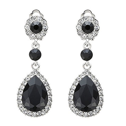 Gorgeous Austrian Crystal Rhinestone Wedding Bridal Teardrop Drop Dangle Earrings - color: Black-Clip on