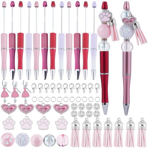 SUNNYCLUE DIY 12 Sets Pen Making Kit Beadable Pen with Beads Beading Pen Set 20mm Pink Acrylic Beads Rhinestone Bubblegum Beads Ballet Charms Beadable Pens Supplies for Women Teachers School Nurses - color: 12 Sets, Pink
