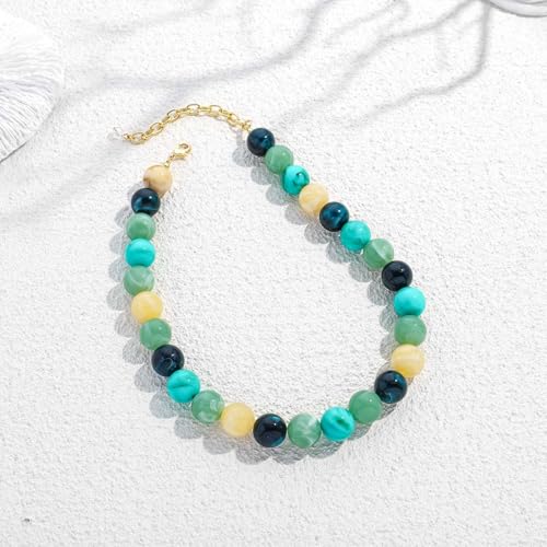 Chunky Beaded Necklace for Women Boho Statement Bead Necklace | Adjustable, Lightweight Choker, Round/Oval/Pebble Beads, Trendy Summer Beach Jewelry - color: Green Ombre