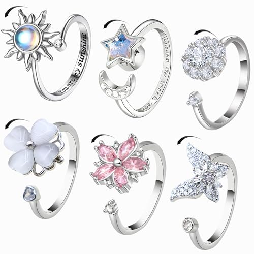 6Pcs Fidget Anxiety Rings for Women, Silver Adjustable Open Spinner Rings for Anxiety, Stress Relief Rotating Rings with Butterfly Sun Star Flower Four-Leaf Clover Designs, Fidget Jewelry for Women - color: Silver