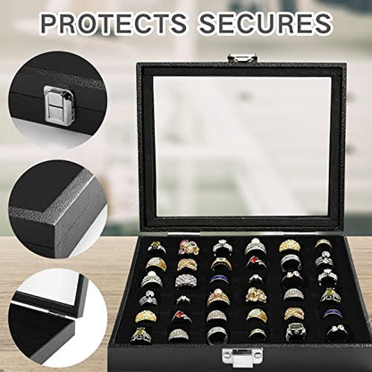 Ring Jewelry Organizer Box, 36 Slots Rings Display Storage Case Earring Showcase - Black Velvet Jewelry Stand Holder Tray with Transparent Glass Lid - Ideal Gift for Women Girl - size: 36 Slot