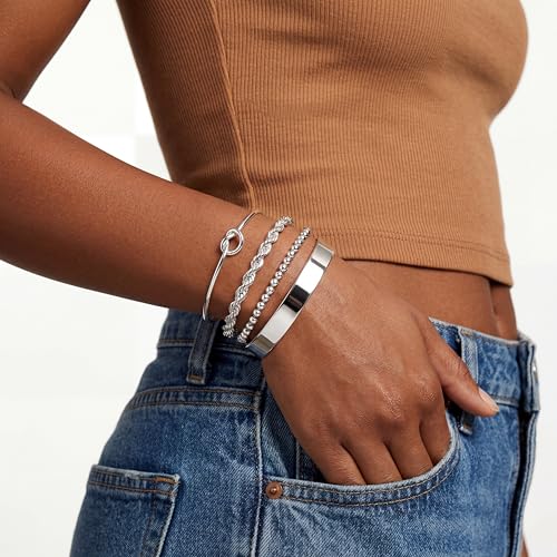 925 Sterling Silver Bracelets for Women Stack, Trendy Tennis Bangle Cuff Jewelry Set 14K Gold Plated, Adjustable Bracelet Set for Wrist Essentials, Women Fashion Watch Band Acecessories - style: Braccelet_4pcs_03Silver