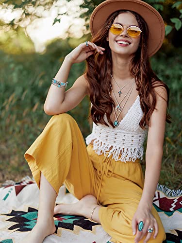 Ecally Bohemian Western Jewelry Turquoise Set Women Country Pendant Long Choker Layered Bracelets Earrings Ring for Women - color: Turquoise, style: Elegant