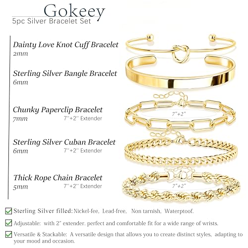 Gokeey Sterling Silver Cuff Bangle Bracelet Set for Women Waterproof, Non Tarnish S925 Silver Chunky Cuban Link Chain Heart Love Infinity Tie Knot Paperclip Beaded Twist Rope Silver Bracelets Fashion Jewelry Gifts Set - color: Gold-Stackable Bangles set