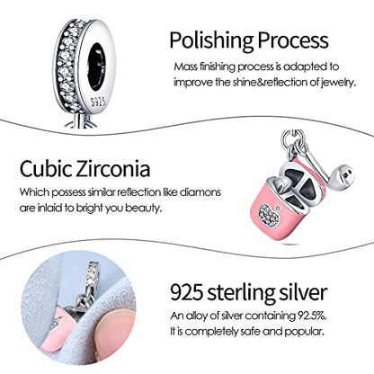 Pandach 925 Sterling Silver Charms Beads for Bracelets and Necklaces Butterfly and Headphones Pendants Clover Charms Jewelry Gift for Women - style: A-Pink Headphone Charm