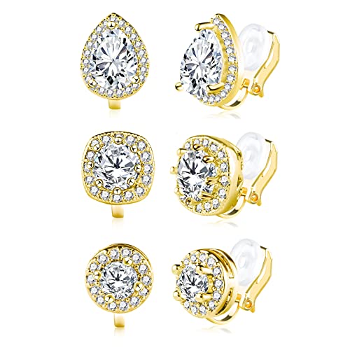 ALEXCRAFT Gold Clip On Earrings 3 Pairs Small Earing Non Pierced for Women - color: Gold Pave