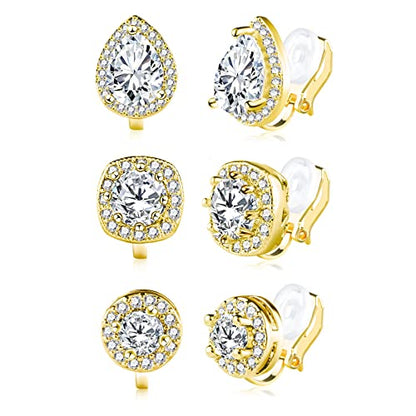 ALEXCRAFT Gold Clip On Earrings 3 Pairs Small Earing Non Pierced for Women - color: Gold Pave
