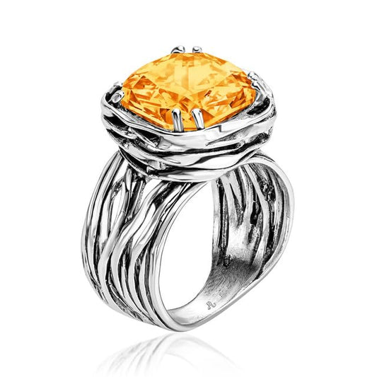 JEAN RACHEL JEWELRY 925 Sterling Silver Ring - Wrap Vintage Design with Cushion Shaped Cubic Zirconia - Hypoallergenic, Lead & Nickel Free - Artisan Handcrafted Statement Rings for Women - color: Citrine CZ