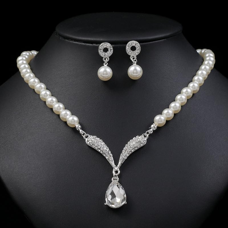 CSIYANJRY99 Pearl Necklace and Earring Set Faux Pearl Jewelry Sets for Women Imitation Beaded Pearl Necklace Bracelet Stud Earrings for Women - color: White Pearl Jewelry Set