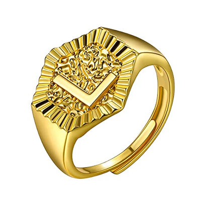 U7 Initial Ring Wedding Band for Men Women 18K Gold Plated Statement Hexagon A-Z Letter Jewelry Personalized Stackable Signet Rings - color: L
