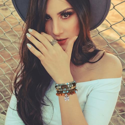 10 Pcs Stackable Bohemian Beaded Bracelets for Women Men, Nature Tree Butterfly Turquoise Wooden Beads Stretch Boho Bracelets Handmade Boho Hippie Western Chic Earthy Jewelry Gift - color: Brown Bamboo Joint
