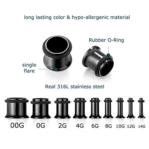 vcmart 14G-00G 36 pcs Ear Gauges Stretching Kit Tapers Plugs Eyelets Implant Grade Steel - color: Black